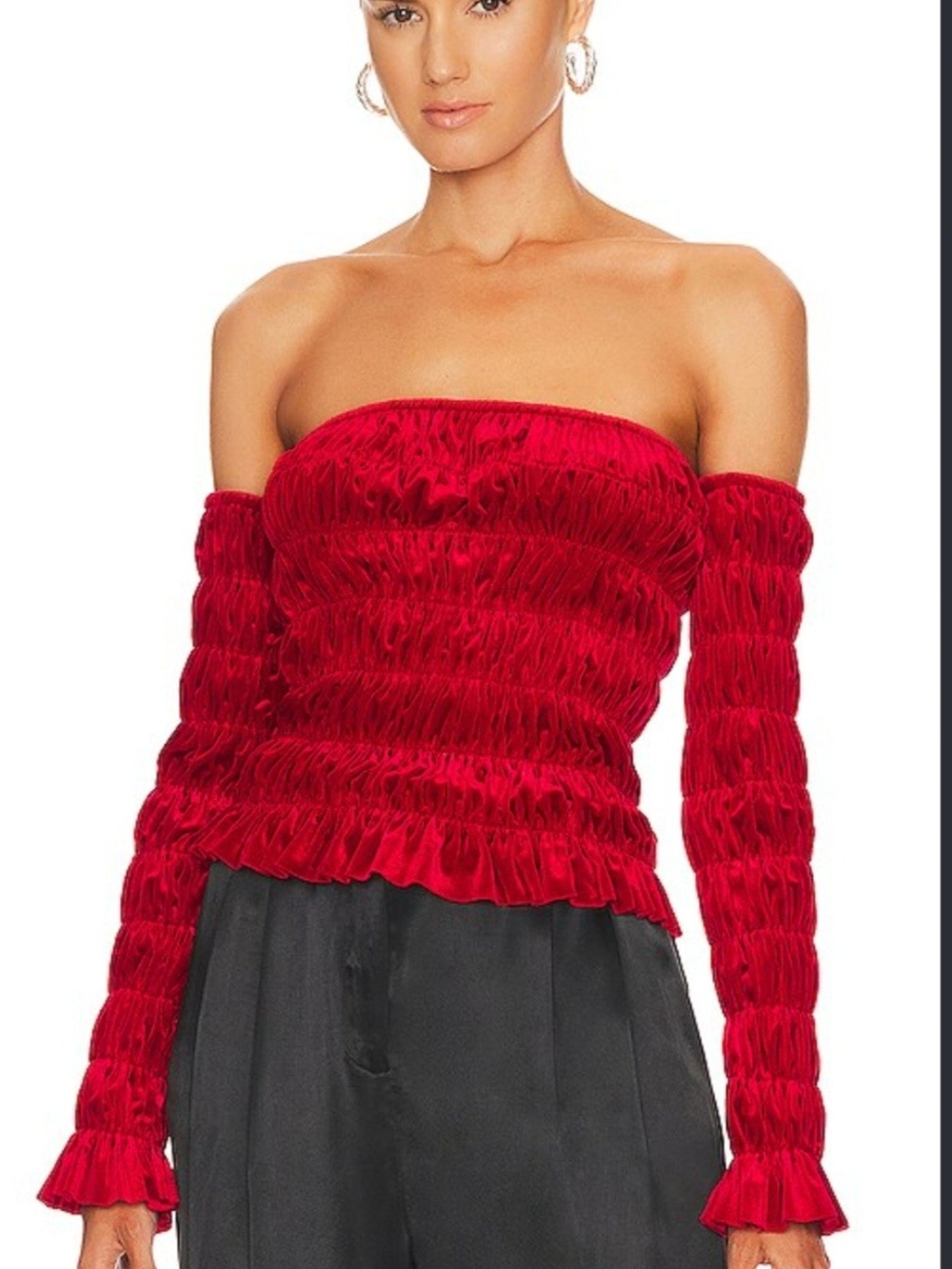 NWT Norma Kamali Ruched Velvet Tube Top W/ Sleeves - Tango Red M